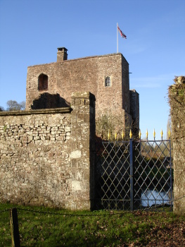 Bickleigh Castle gatehouse and moat seen from the south side
