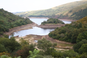 South end of Meldon reservoir showing the island nature reserve