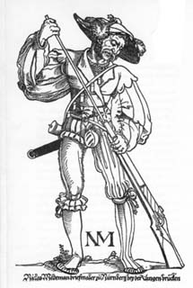 Engraving of a Landsknechte arquebusier